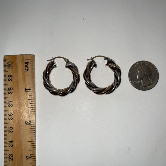 Solid 14K Yellow Gold & 925 Sterling Silver Twisted Rope Cable Hoop Earrings - Picture 4 of 12